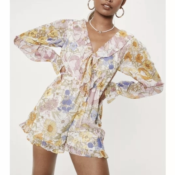 NEON Rose Floral Romper with Ruffles XL Feminine Romantic Whimsy Fairy - Picture 1 of 13